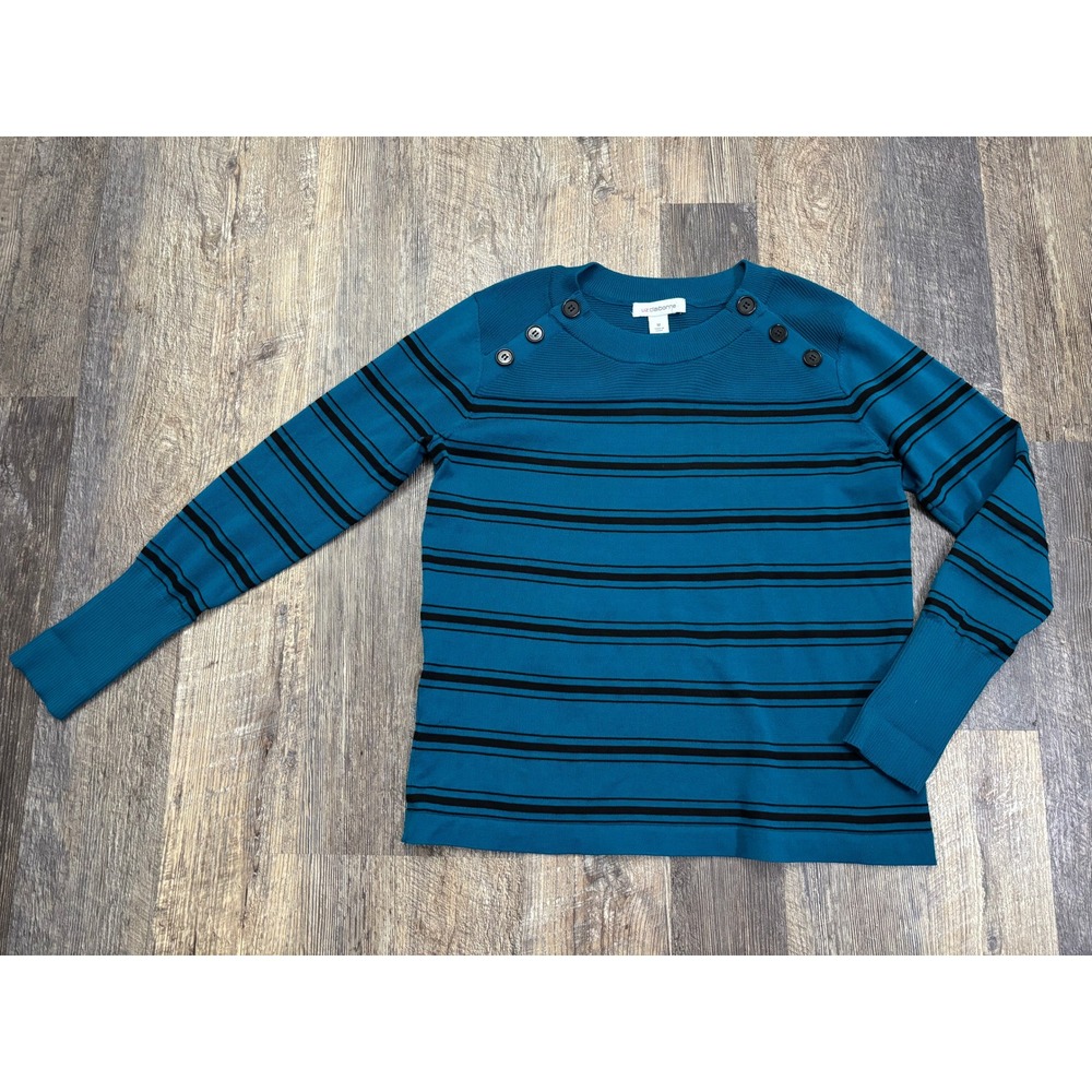Liz Claiborne Teal Blue Black Striped Button Shoulder Knit Top Medium